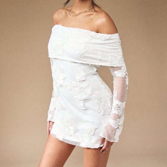 White Elegant Womens Embroidered Off Shoulder Long Sleeve Mini Bardot Dress - Picture 5 of 7